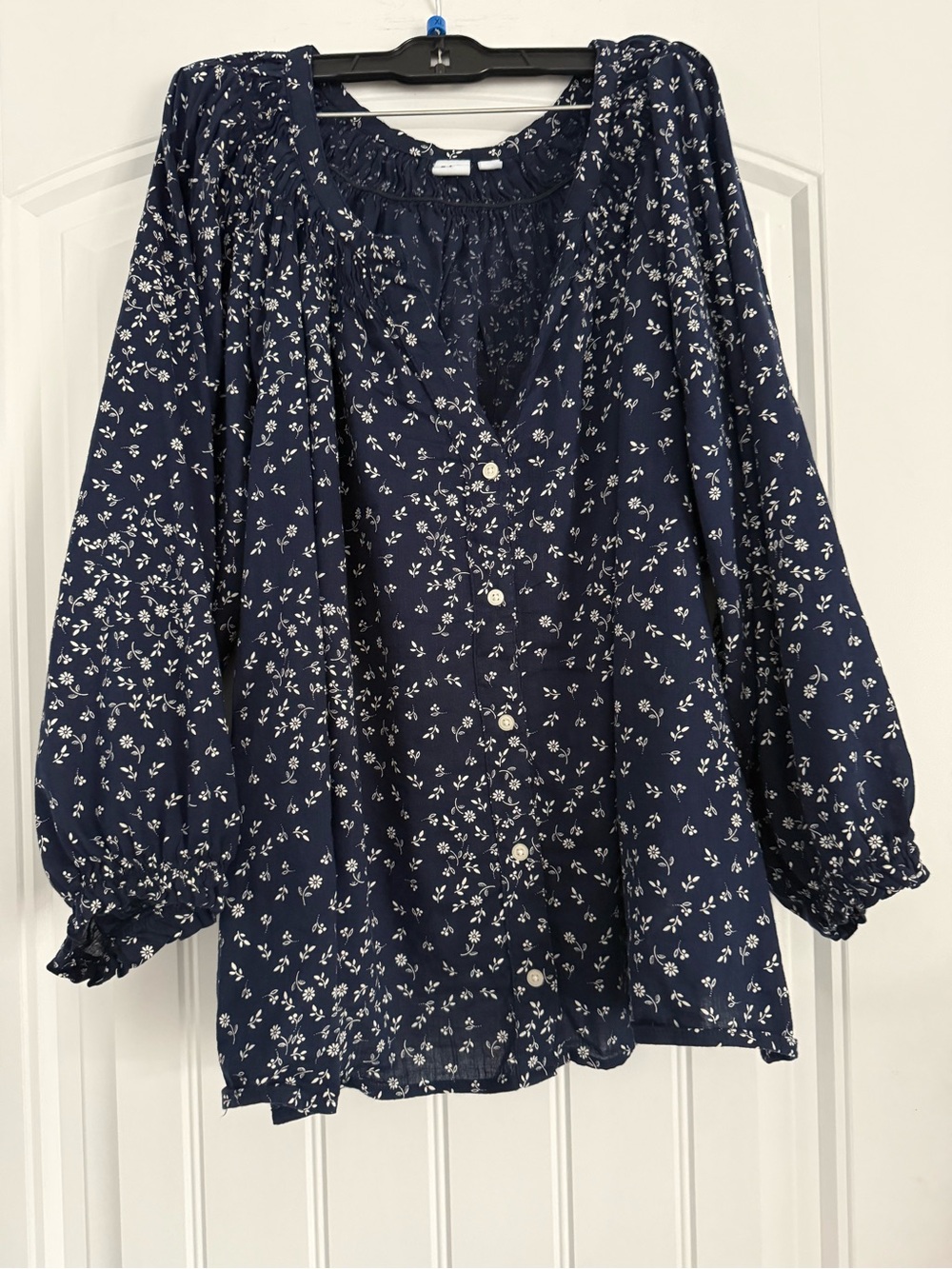 GAP Navy Ditzy Floral Button-Front Peasant Blouse xxl boho cotton